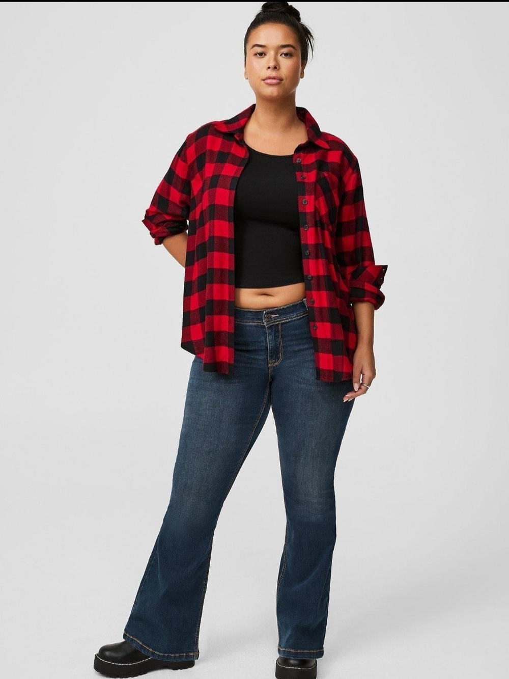 Torrid Lizzie Red Black Buffalo Plaid Flannel Button Up Shirt Size 2 2X
